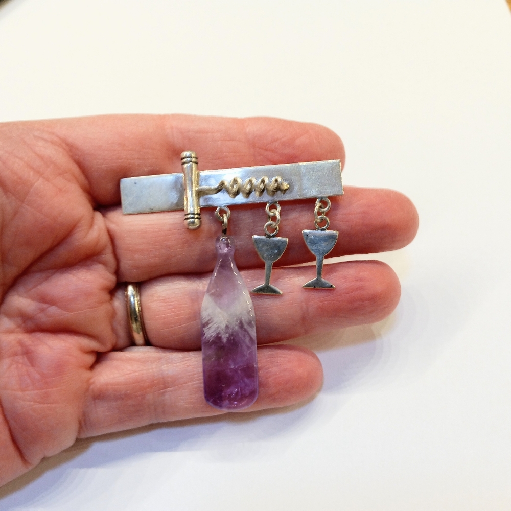 Vintage Sterling Amethyst Stone Wine Bottle Brooch Pin - Picture 3 of 5